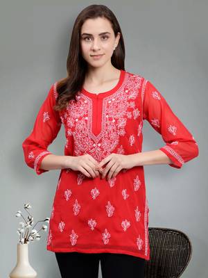 hand embroidered red georgette lucknowi chikankari top with slip 1