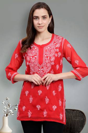 hand embroidered red georgette lucknowi chikankari top with slip