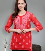 hand embroidered red georgette lucknowi chikankari top with slip