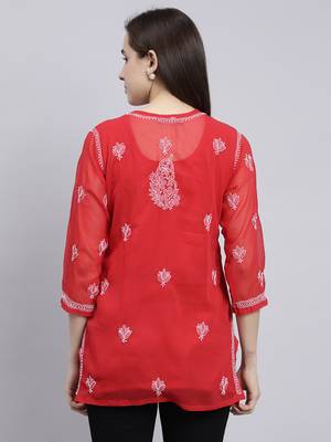 hand embroidered red georgette lucknowi chikankari top with slip 2