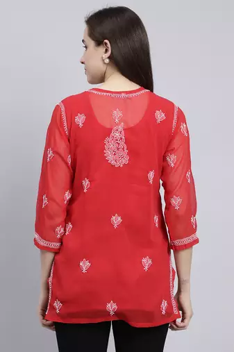 hand embroidered red georgette lucknowi chikankari top with slip