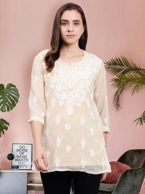hand embroidered beige georgette lucknowi chikankari top with slip 1