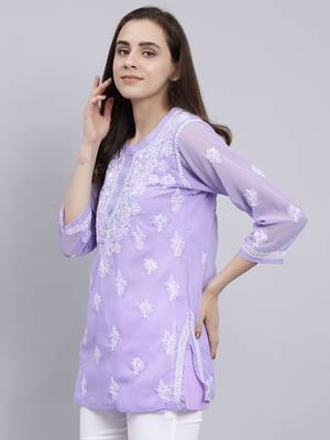 hand embroidered mauve georgette lucknowi chikankari top with slip 3