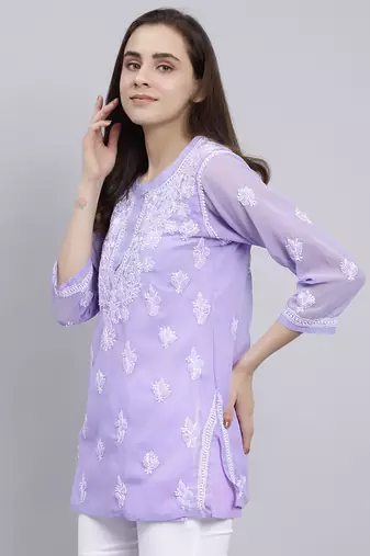 hand embroidered mauve georgette lucknowi chikankari top with slip