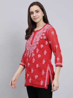 hand embroidered red georgette lucknowi chikankari top with slip 3