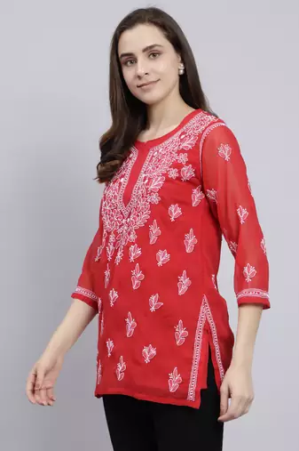 hand embroidered red georgette lucknowi chikankari top with slip