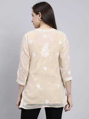 hand embroidered beige georgette lucknowi chikankari top with slip 2