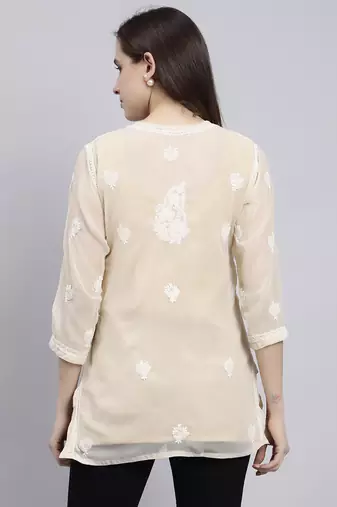 hand embroidered beige georgette lucknowi chikankari top with slip