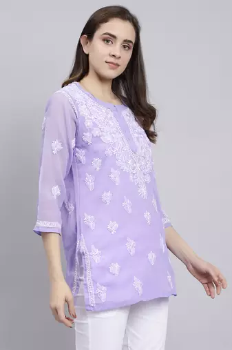 hand embroidered mauve georgette lucknowi chikankari top with slip