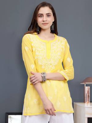 hand embroidered yellow georgette lucknowi chikankari top with slip 1