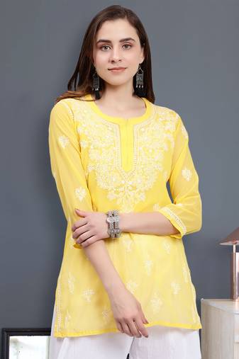 hand embroidered yellow georgette lucknowi chikankari top with slip