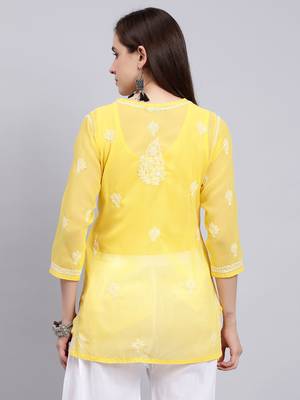 hand embroidered yellow georgette lucknowi chikankari top with slip 2
