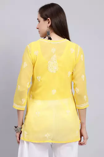 hand embroidered yellow georgette lucknowi chikankari top with slip