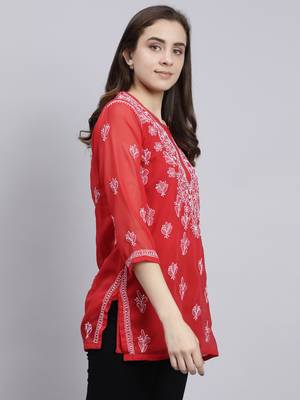 hand embroidered red georgette lucknowi chikankari top with slip 4