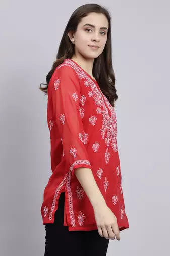 hand embroidered red georgette lucknowi chikankari top with slip