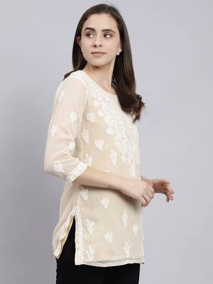 hand embroidered beige georgette lucknowi chikankari top with slip 3