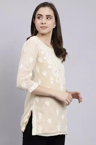hand embroidered beige georgette lucknowi chikankari top with slip