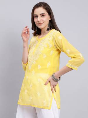 hand embroidered yellow georgette lucknowi chikankari top with slip 3