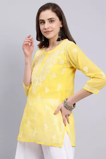 hand embroidered yellow georgette lucknowi chikankari top with slip