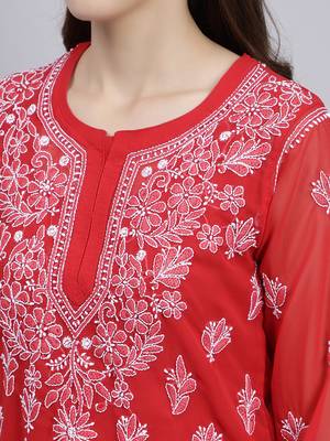 hand embroidered red georgette lucknowi chikankari top with slip 5