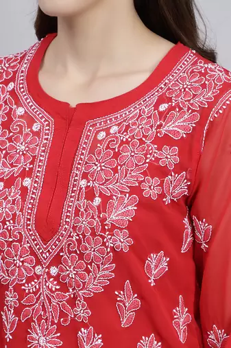 hand embroidered red georgette lucknowi chikankari top with slip