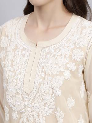 hand embroidered beige georgette lucknowi chikankari top with slip 4