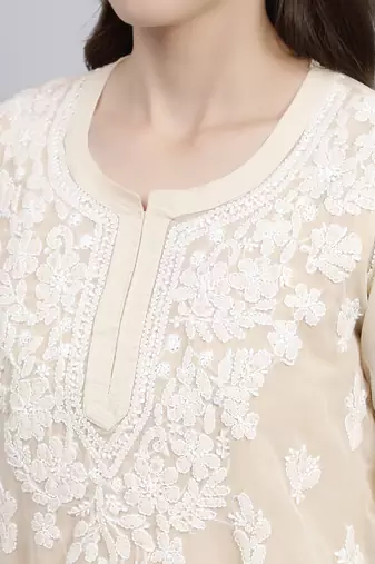 hand embroidered beige georgette lucknowi chikankari top with slip