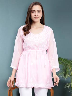 hand embroidered pink georgette lucknowi chikankari top with slip 1