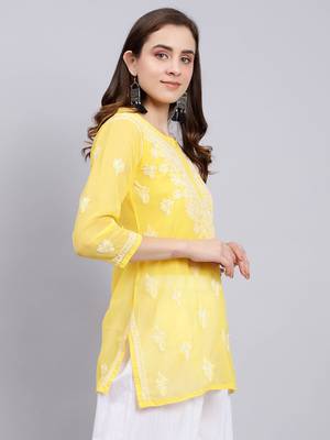 hand embroidered yellow georgette lucknowi chikankari top with slip 4