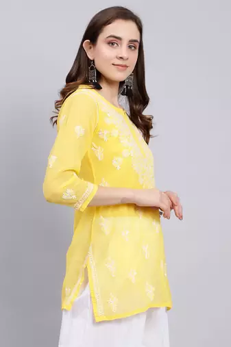 hand embroidered yellow georgette lucknowi chikankari top with slip
