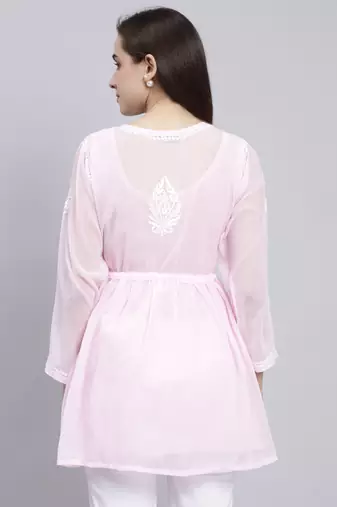 hand embroidered pink georgette lucknowi chikankari top with slip