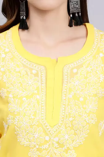 hand embroidered yellow georgette lucknowi chikankari top with slip
