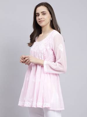 hand embroidered pink georgette lucknowi chikankari top with slip 3