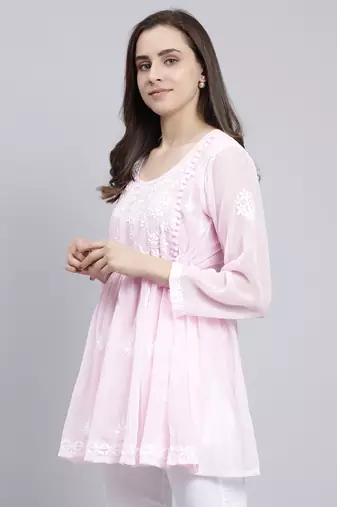 hand embroidered pink georgette lucknowi chikankari top with slip