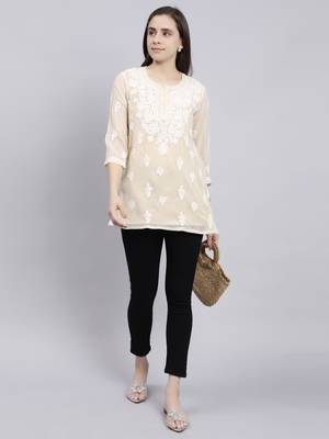 hand embroidered beige georgette lucknowi chikankari top with slip 5