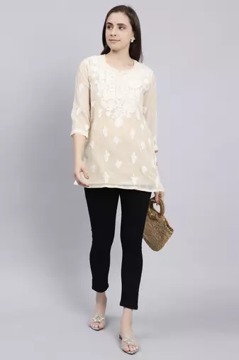 hand embroidered beige georgette lucknowi chikankari top with slip