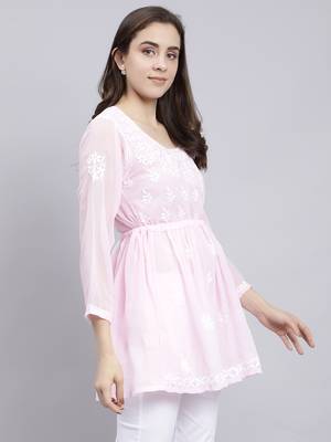 hand embroidered pink georgette lucknowi chikankari top with slip 4
