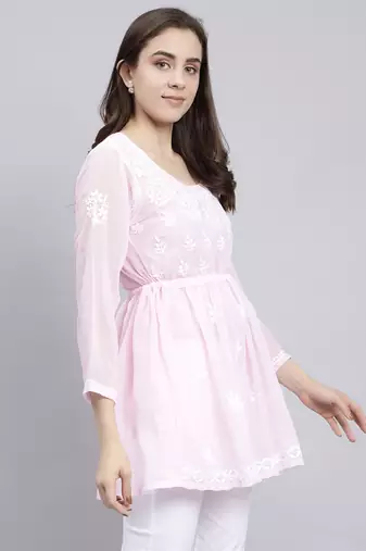 hand embroidered pink georgette lucknowi chikankari top with slip