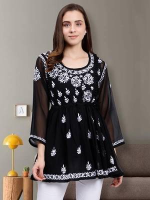 hand embroidered black georgette lucknowi chikankari top with slip 1