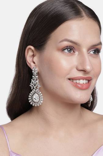 Rhodium Plated American Diamond Sparkling Dangle Earrings for Women 