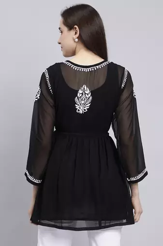 hand embroidered black georgette lucknowi chikankari top with slip