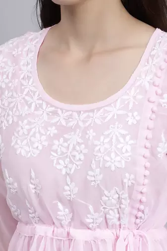 hand embroidered pink georgette lucknowi chikankari top with slip