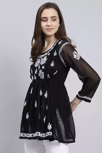 hand embroidered black georgette lucknowi chikankari top with slip