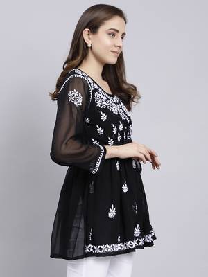 hand embroidered black georgette lucknowi chikankari top with slip 4