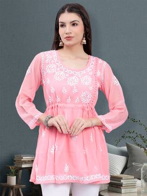hand embroidered peach georgette lucknowi chikankari top with slip 1