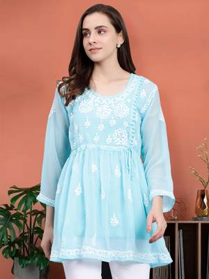 hand embroidered blue georgette lucknowi chikankari top with slip 1