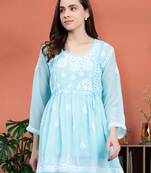 hand embroidered blue georgette lucknowi chikankari top with slip