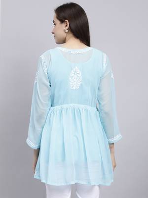 hand embroidered blue georgette lucknowi chikankari top with slip 2
