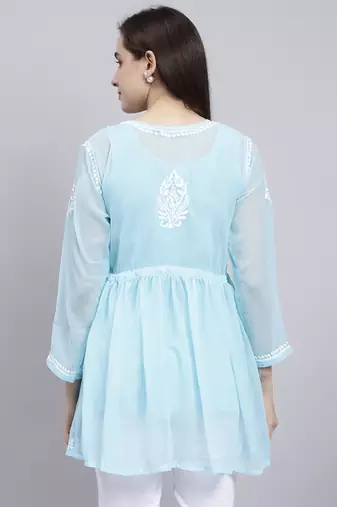 hand embroidered blue georgette lucknowi chikankari top with slip
