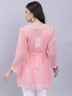 hand embroidered peach georgette lucknowi chikankari top with slip 2